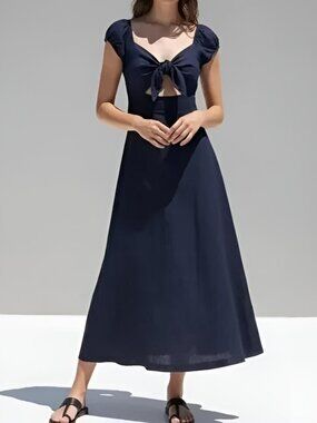 Skylar + Madison Navy Linen Maxi Dress Puff Sleeves Cutout M NWT